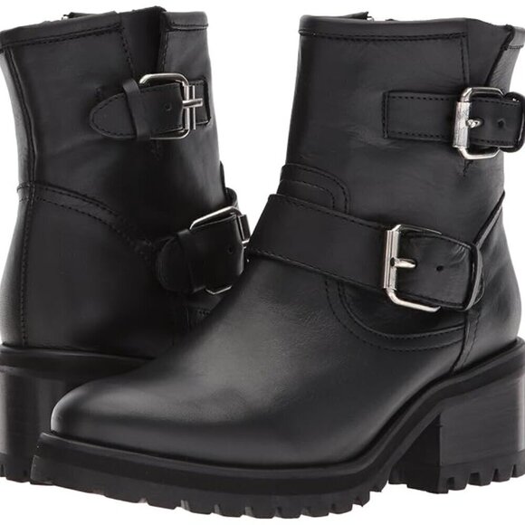 Steve Madden Women's Gain Black Leather Buckle Chunky Heel Boot Size 6 - Picture 1 of 8